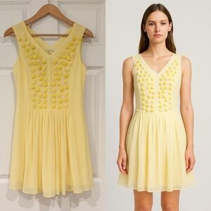 Aly Rachelle Lana Dress Yellow V Neck Sleeveless Beaded Floral‎ Embellished Sz 4